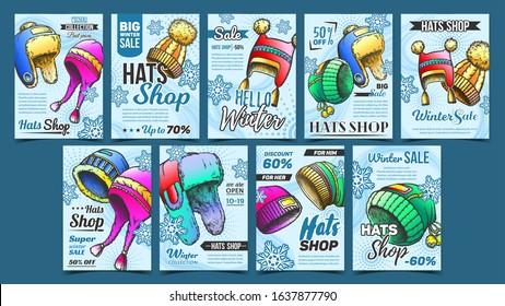 Hats Shop Winter Sale Advertise Banner Set Vector. Collection Of Different Creative Advertising Poster With Hats And Snowflakes. Woollen Cap Concept Template Designed In Vintage Style Illustrations