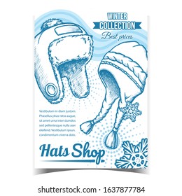 Hats Shop Winter Sale Advertising Banner Vector. Earflap Hats Seasonal Cloth And Snowflakes. Warm Wearing Accessory Protection Health Template Hand Drawn In Vintage Style Monochrome Illustration