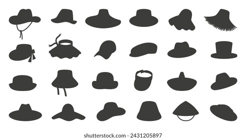 Hats silhouettes. Male, female and unisex hat. Seasonal head accessories, for travel, agriculture farm work and rest, neoteric vector icons