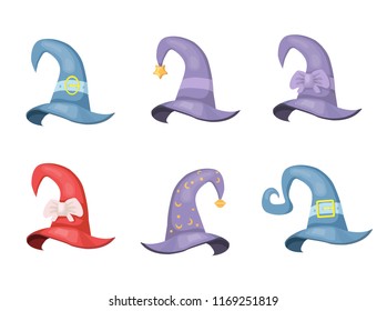hats of sorceress on halloween, set, vector illustration