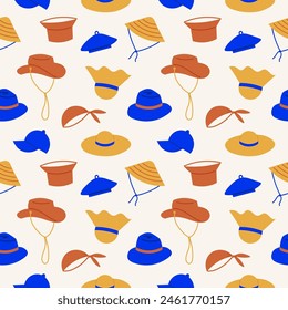 Hats for summer seamless pattern. Hand drawn vector repeating background with accessories, Cap, panama, bandana, beret, baseball, gentlemen bowler, women straw hat, head protection. Design ornament