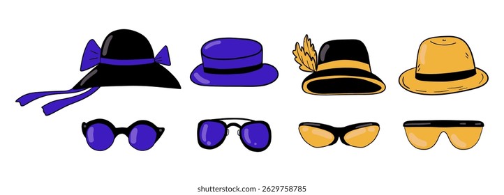 Hats and sunglasses, a set of isolated hand drawn doodle-style elements, vibrant blue and yellow color palette, a vintage collection of accessories for fashion projects and accessory design
