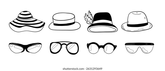 Hats and sunglasses, a set of isolated hand drawn doodle elements in art-line style, a collection of fun accessories for summer and fashion projects, suitable for accessory brands, optical products