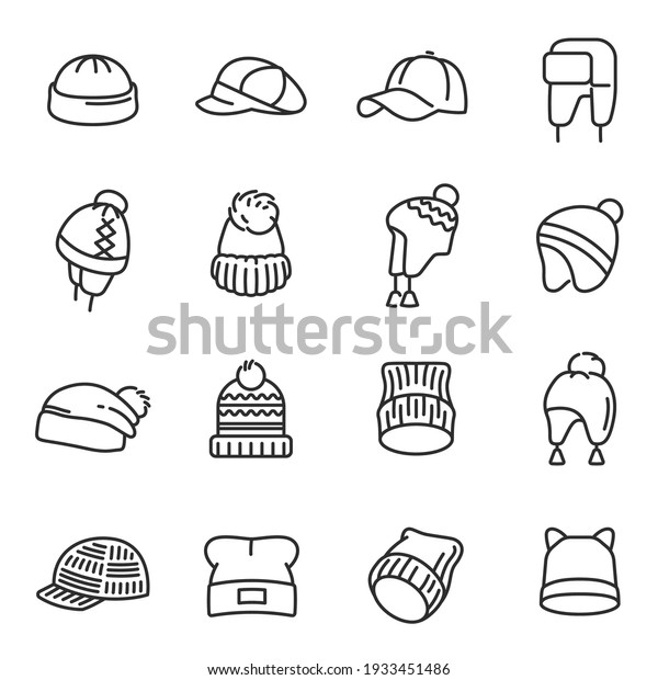 Hats types assortment knitting, with earflaps,\
pompom thin line icons set isolated on white. Winter headwear\
outline pictograms collection. Caps, warm head dress, beanie vector\
elements for web.