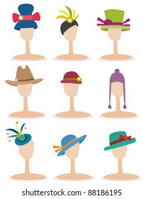 Hats - various styles of hats on mannequin hat stands.