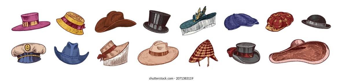 Hats vintage collection for elegant men, woman, female and ladies. Fedora Derby Deerstalker Homburg Bowler Straw Beret Captain Cowboy Porkpie Boater. Retro fashion set. English style. Hand drawn