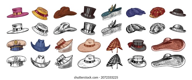 Hats vintage collection for elegant men  woman  female   ladies  Fedora Derby Deerstalker Homburg Bowler Straw Beret Captain Cowboy Porkpie Boater  Retro fashion set  English style  Hand drawn