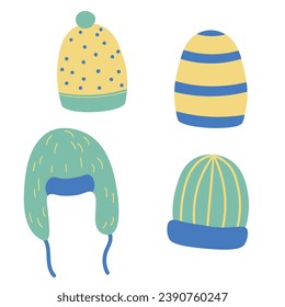 Hats warm accessories hand drawn flat vector illustration cartoon style. Doodle set with different kind headwear, knitted caps, earflap hat. Icons and design elements for print, card, template, paper