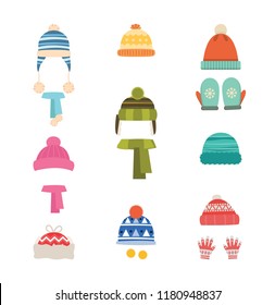 Hats winter warm. Hats with scarf and with gloves, mittens. Isolated icons on white background. Set of hats and scarves for boys and girls. Vector illustration.