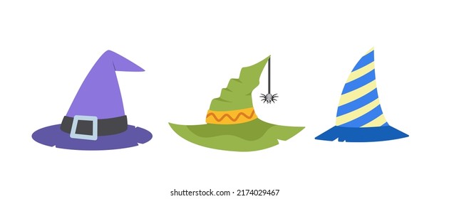 Hats of witch and wizard. Hat set. Halloween. Cartoon, flat. Isolated vector illustration eps 10