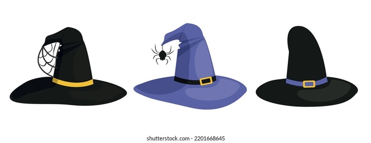 Hats of witches and wizards with a belt. Set of vector illustrations in flat style for Halloween.