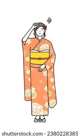 Hatsumode at New Year's and coming-of-age ceremonies, graduation ceremonies, weddings, etc, Woman in furisode put her hand on her head in distress, Vector Illustration