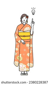 Hatsumode at New Year's and coming-of-age ceremonies, graduation ceremonies, weddings, etc, Woman in furisode coming up with an idea, Vector Illustration