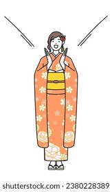 Hatsumode bei Neujahrs- und Herbstzeremonien, Abschlusszeremonien, Hochzeiten usw., Furisode-Frau, die mit ihrer Hand über ihren Mund ruft, Vektorgrafik