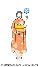 Hatsumode at New Year's and coming-of-age ceremonies, graduation ceremonies, weddings, etc, Woman in furisode holding a placard with an X indicating incorrect answer, Vector Illustration