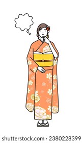 Hatsumode at New Year's and coming-of-age ceremonies, graduation ceremonies, weddings, etc, Woman in furisode thinking while scratching her face, Vector Illustration