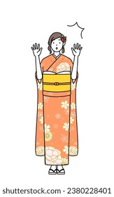 Hatsumode at New Year's and coming-of-age ceremonies, graduation ceremonies, weddings, etc, Woman in furisode raising her hand in surprise, Vector Illustration