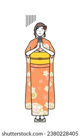 Hatsumode en las ceremonias de Año Nuevo y de la mayoría de edad, ceremonias de graduación, bodas, etc, Woman in furisode disculpándose con sus manos frente a su cuerpo, Vector Illustration