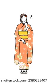 Hatsumode at New Year's and coming-of-age ceremonies, graduation ceremonies, weddings, etc, Woman in furisode nodding her head in question, Vector Illustration