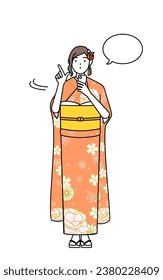 Hatsumode at New Year's and coming-of-age ceremonies, graduation ceremonies, weddings, etc, Woman in furisode operating a smartphone, Vector Illustration