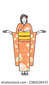 Hatsumode at New Year's and coming-of-age ceremonies, graduation ceremonies, weddings, etc, Woman in furisode in trouble shrugging her shoulders and spreading her hands, Vector Illustration