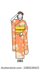 Hatsumode at New Year's and coming-of-age ceremonies, graduation ceremonies, weddings, etc, Woman in furisode looking into the distance, Vector Illustration