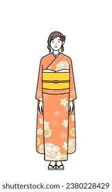Hatsumode at New Year's and coming-of-age ceremonies, graduation ceremonies, weddings, etc, Woman in furisode with a smile facing forward, Vector Illustration