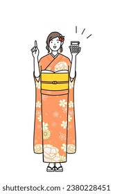 Hatsumode at New Year's and coming-of-age ceremonies, graduation ceremonies, weddings, etc, Woman in furisode holding a calculator and pointing, Vector Illustration