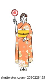Hatsumode at New Year's and coming-of-age ceremonies, graduation ceremonies, weddings, etc, Woman in furisode holding a maru placard that shows the correct answer, Vector Illustration
