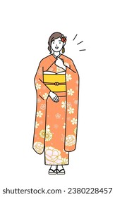 Hatsumode at New Year's and coming-of-age ceremonies, graduation ceremonies, weddings, etc, Woman in furisode tapping her chest, Vector Illustration