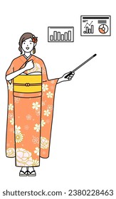 Hatsumode at New Year's and coming-of-age ceremonies, graduation ceremonies, weddings, etc, Woman in furisode analyzing a performance graph, Vector Illustration