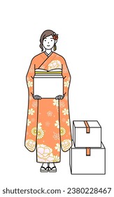 Hatsumode at New Year's and coming-of-age ceremonies, graduation ceremonies, weddings, etc, Woman in furisode working to carry cardboard boxes, Vector Illustration