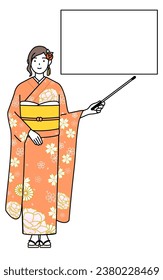 Hatsumode at New Year's and coming-of-age ceremonies, graduation ceremonies, weddings, etc, Woman in furisode pointing at a whiteboard with an indicator stick, Vector Illustration