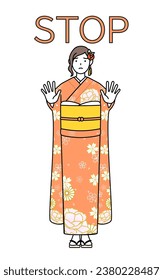 Hatsumode at New Year's and coming-of-age ceremonies, graduation ceremonies, weddings, etc, Woman in furisode with her hands out in front of her body, signaling a stop, Vector Illustration