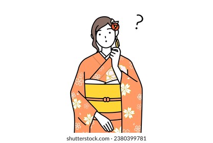 Hatsumode at New Year's and coming-of-age ceremonies, graduation ceremonies, weddings, etc, Woman in furisode nodding her head in question, Vector Illustration