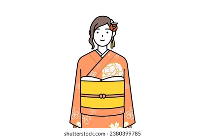 Hatsumode at New Year's and coming-of-age ceremonies, graduation ceremonies, weddings, etc, Woman in furisode with a smile facing forward, Vector Illustration