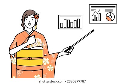 Hatsumode at New Year's and coming-of-age ceremonies, graduation ceremonies, weddings, etc, Woman in furisode analyzing a performance graph, Vector Illustration