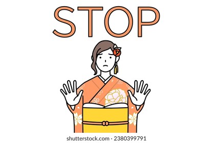 Hatsumode at New Year's and coming-of-age ceremonies, graduation ceremonies, weddings, etc, Woman in furisode with her hands out in front of her body, signaling a stop, Vector Illustration