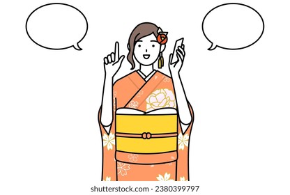 Hatsumode at New Year's and coming-of-age ceremonies, graduation ceremonies, weddings, etc, Woman in furisode pointing while on the phone, Vector Illustration