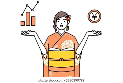 Hatsumode at New Year's and coming-of-age ceremonies, graduation ceremonies, weddings, etc, Woman in furisode guiding an image of DX, performance and sales improvement, Vector Illustration