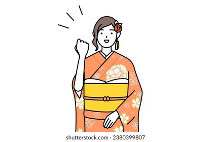 Hatsumode at New Year's and coming-of-age ceremonies, graduation ceremonies, weddings, etc, Woman in furisode posing with guts, Vector Illustration