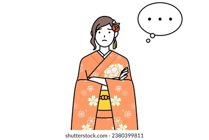 Hatsumode at New Year's and coming-of-age ceremonies, graduation ceremonies, weddings, etc, Woman in furisode with crossed arms, deep in thought, Vector Illustration