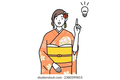 Hatsumode at New Year's and coming-of-age ceremonies, graduation ceremonies, weddings, etc, Woman in furisode coming up with an idea, Vector Illustration