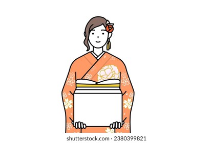 Hatsumode at New Year's and coming-of-age ceremonies, graduation ceremonies, weddings, etc, Woman in furisode working to carry cardboard boxes, Vector Illustration