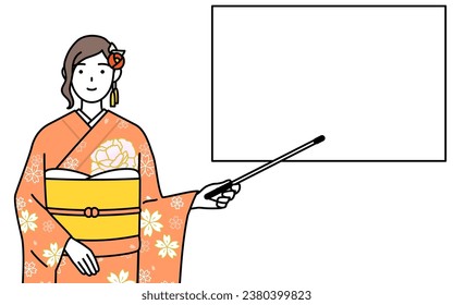 Hatsumode at New Year's and coming-of-age ceremonies, graduation ceremonies, weddings, etc, Woman in furisode pointing at a whiteboard with an indicator stick, Vector Illustration