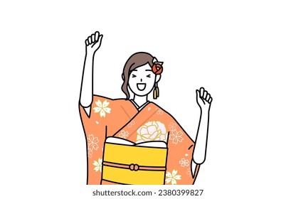 Hatsumode at New Year's and coming-of-age ceremonies, graduation ceremonies, weddings, etc, Woman in furisode smiling and jumping, Vector Illustration