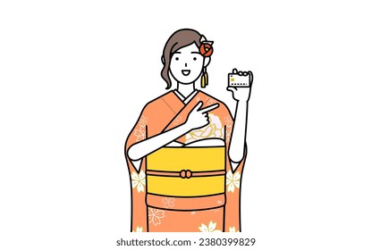 Hatsumode at New Year's and coming-of-age ceremonies, graduation ceremonies, weddings, etc, Woman in furisode recommending credit card payment, Vector Illustration