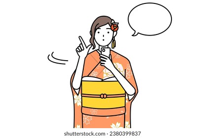 Hatsumode at New Year's and coming-of-age ceremonies, graduation ceremonies, weddings, etc, Woman in furisode operating a smartphone, Vector Illustration