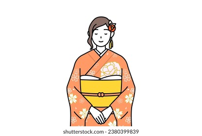 Hatsumode at New Year's and coming-of-age ceremonies, graduation ceremonies, weddings, etc, Woman in furisode bowing with folded hands, Vector Illustration