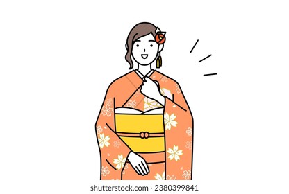 Hatsumode at New Year's and coming-of-age ceremonies, graduation ceremonies, weddings, etc, Woman in furisode tapping her chest, Vector Illustration